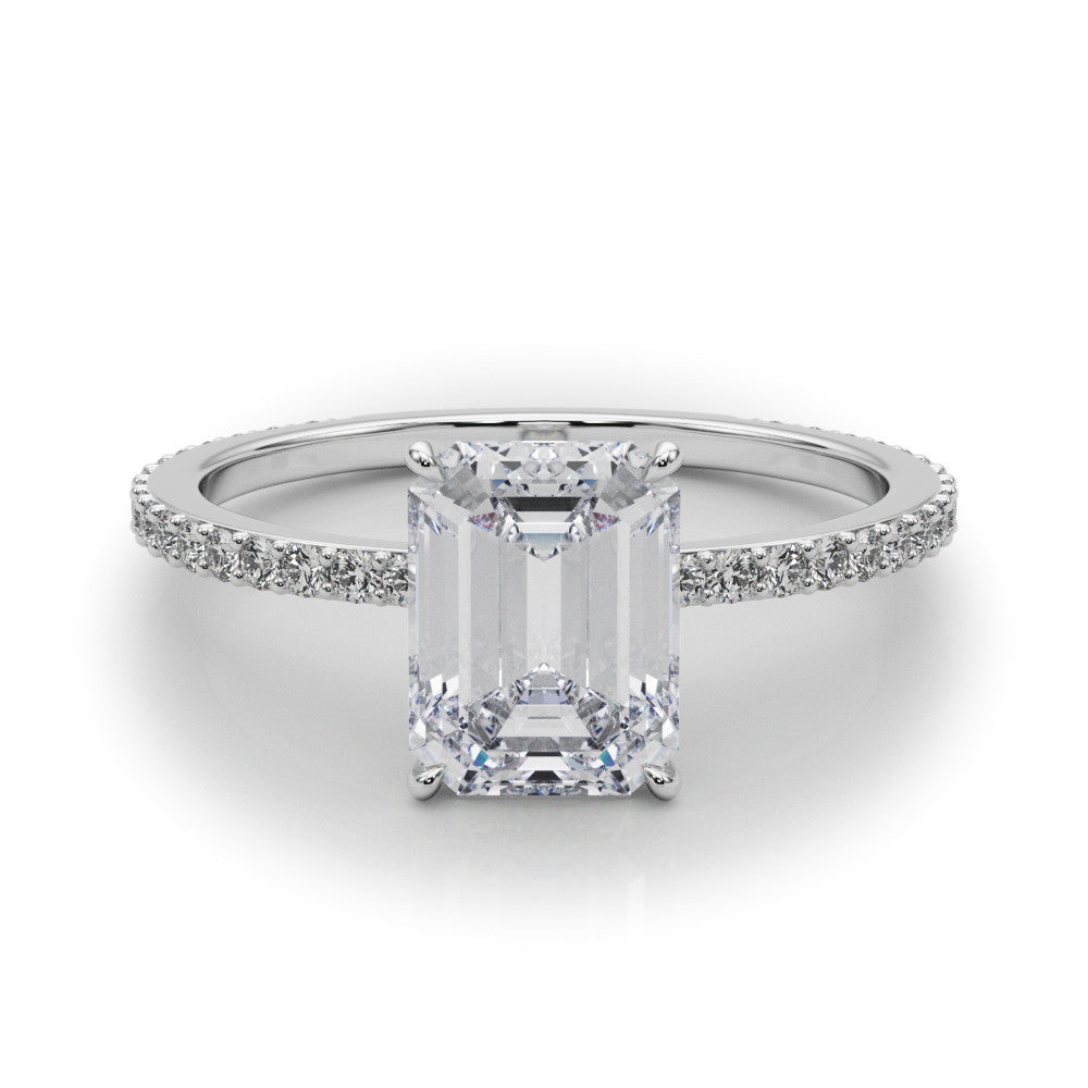 Silver Radiant Cut Diamond Ring with Pavé Band and Four-Prong Setting