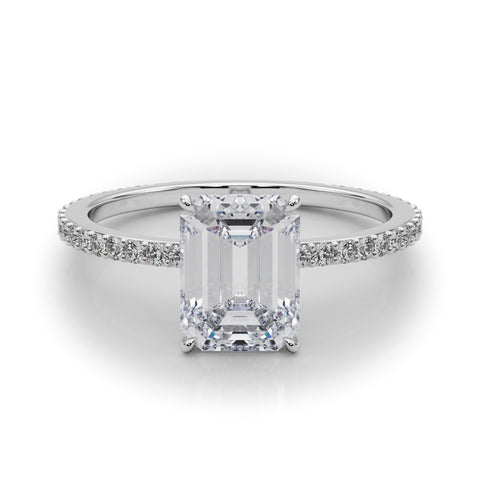 Silver Radiant Cut Diamond Ring with Pavé Band and Four-Prong Setting