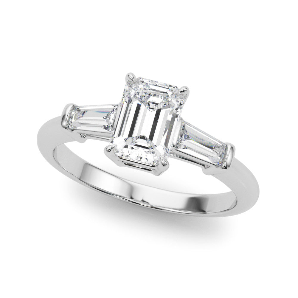 Silver Radiant Cut Diamond Ring with Tapered Baguette Side Stones on a Platinum Band with Four-Prong Setting 1