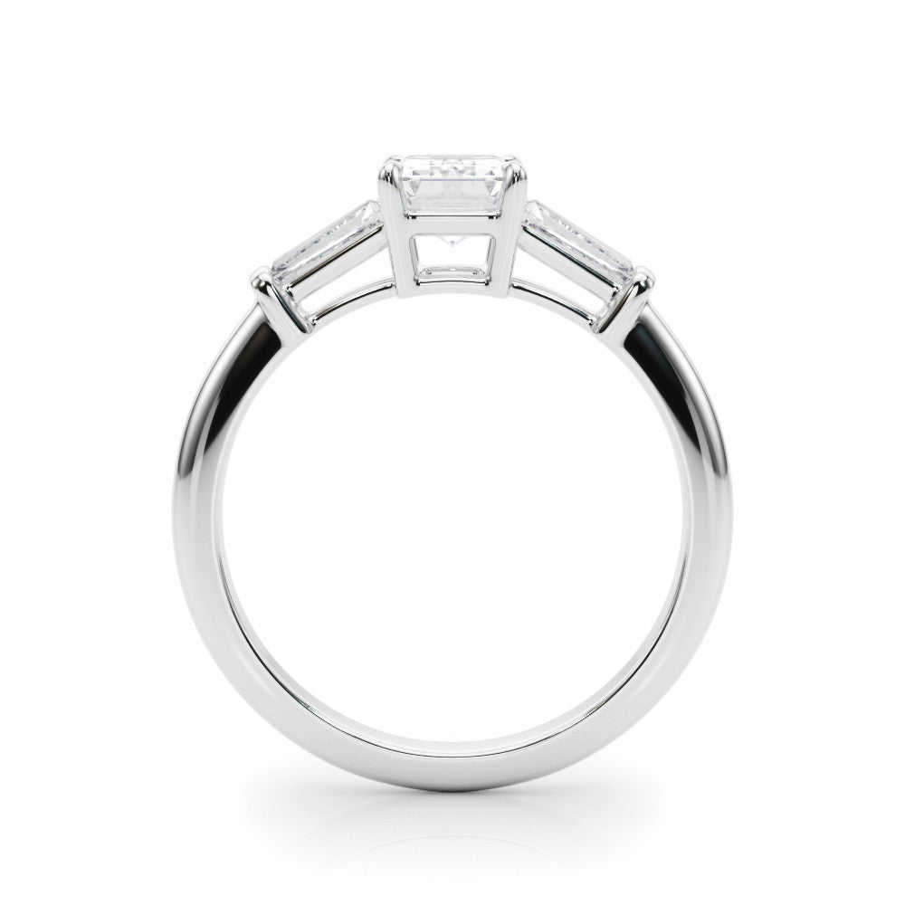 Silver Radiant Cut Diamond Ring with Tapered Baguette Side Stones on a Platinum Band with Four-Prong Setting