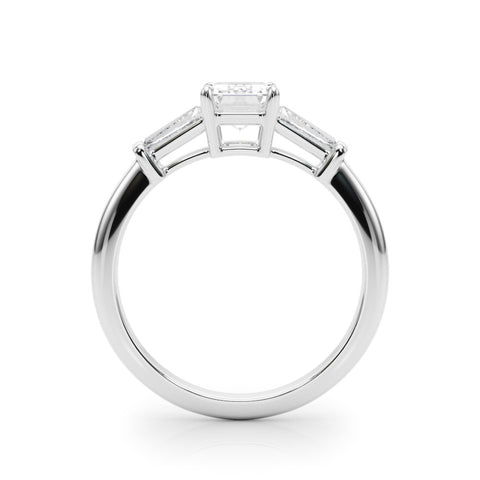 Silver Radiant Cut Diamond Ring with Tapered Baguette Side Stones on a Platinum Band with Four-Prong Setting