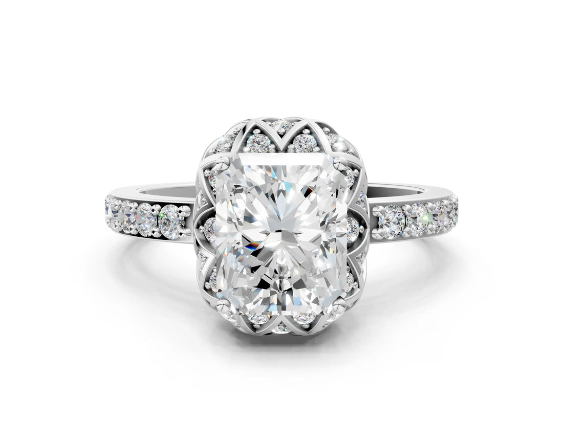 Silver Radiant Cut Diamond Scalloped Halo Engagement Ring with Round Shared Prong Band_12