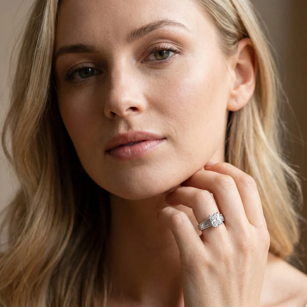 Platinum Radiant Cut Vintage Solitaire Engagement Ring Setting with Leaf Scroll Engraved Band