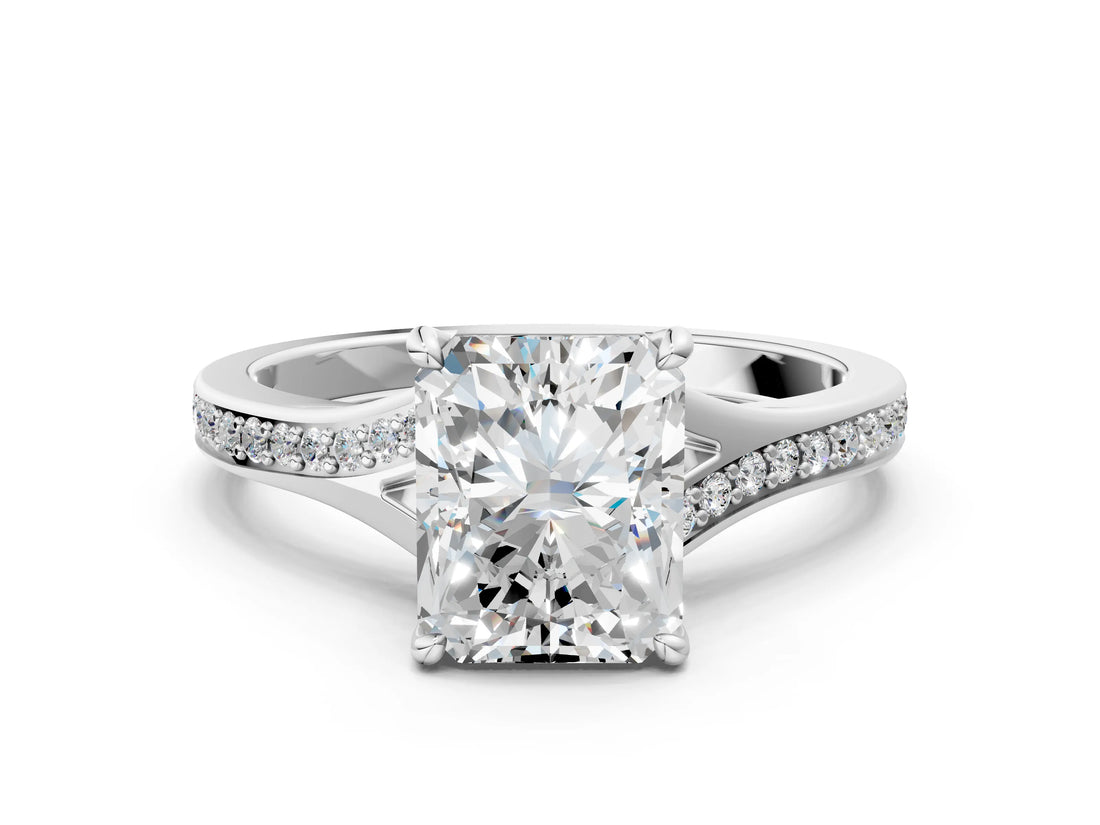 Silver Radiant Cut Diamond Solitaire Ring with Pavé Band and Prong Setting_28