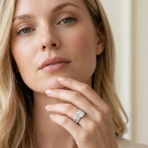 Silver 0.48 Carat D VVS2 Radiant Diamond Solitaire Ring with Pavé and Channel Set Band