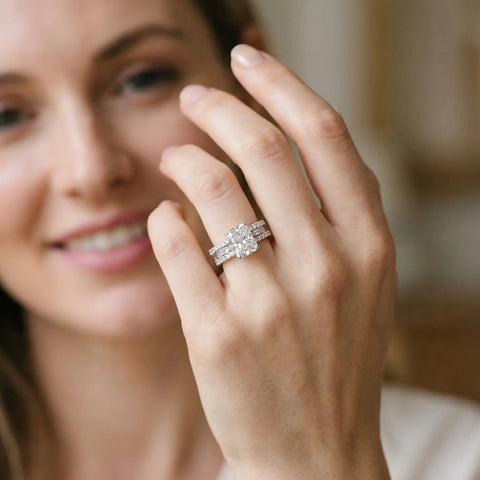 Silver 0.48 Carat D VVS2 Radiant Diamond Solitaire Ring with Pavé and Channel Set Band