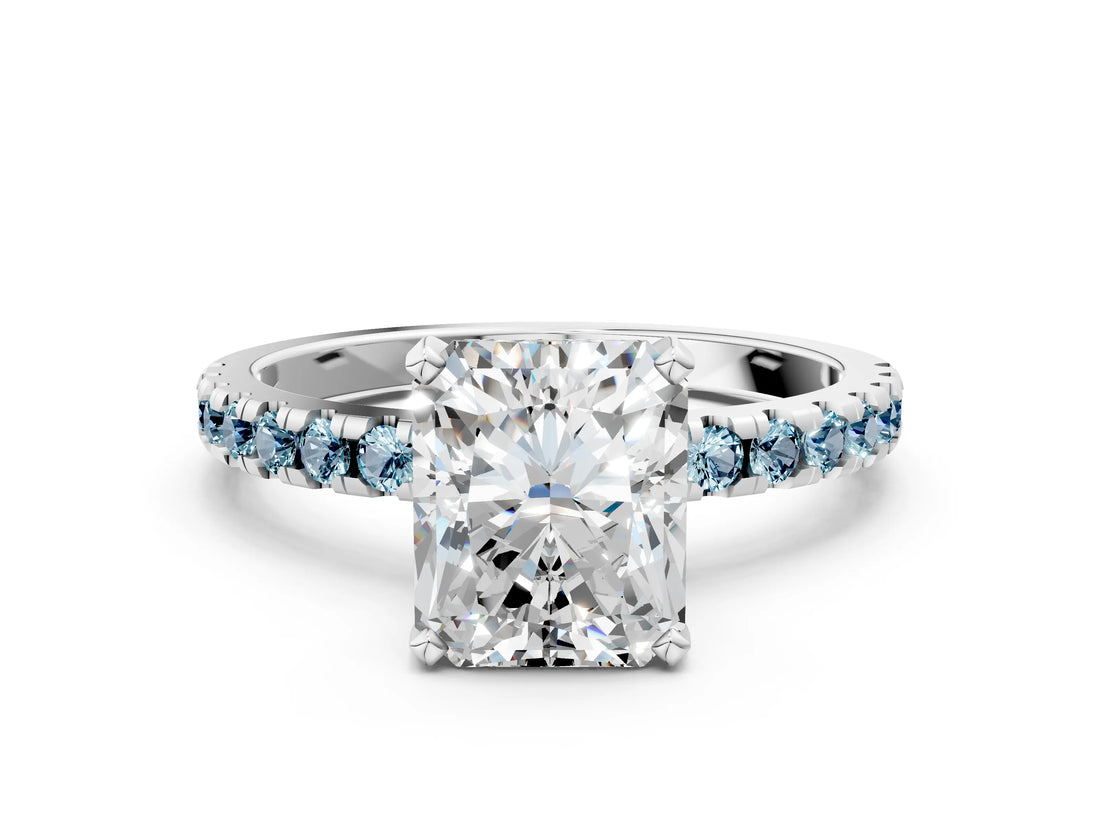 Silver Radiant Cut Diamond Solitaire Ring with Round with Aquamarine side stone Pavé Band and Four-Prong Setting_12