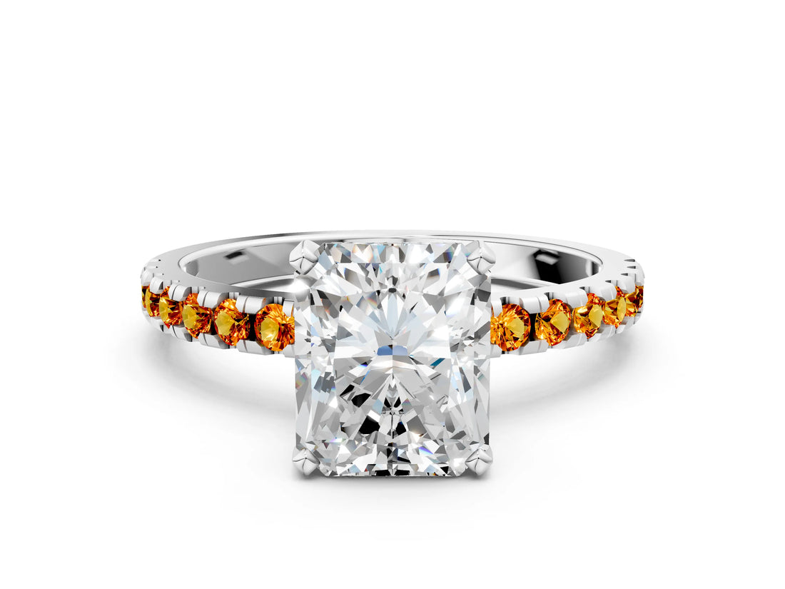 Silver Radiant Cut Diamond Solitaire Ring with Round with Citrine side stone Pavé Band and Four-Prong Setting_12