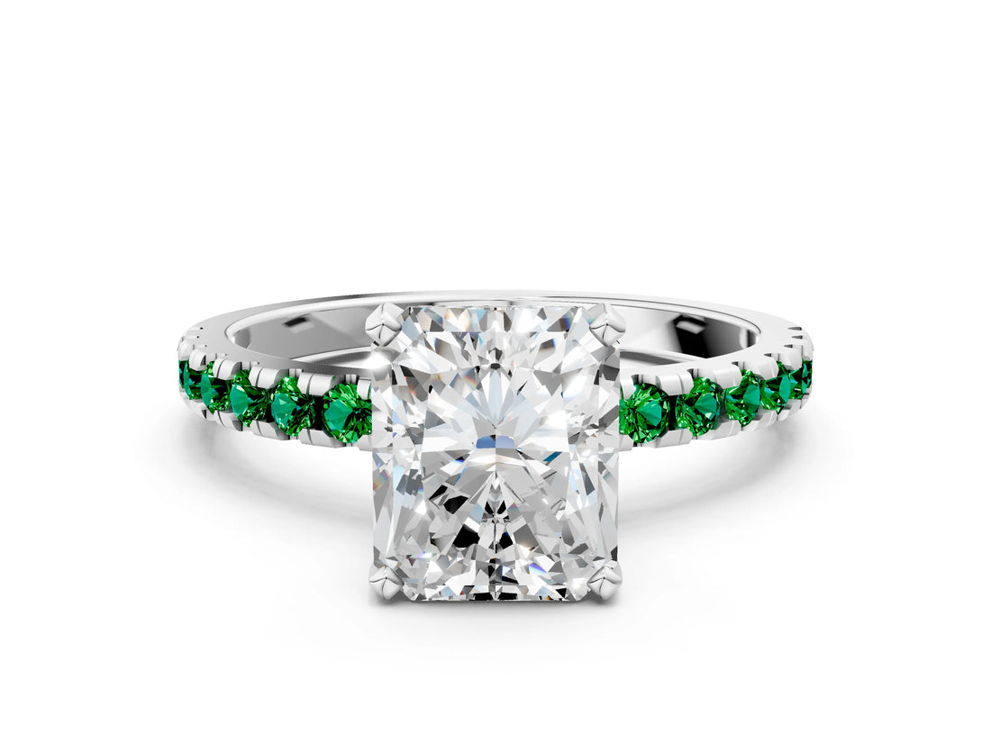 Silver Radiant Cut Diamond Solitaire Ring with Round with Emerald side stone Pavé Band and Four-Prong Setting_12