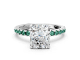 Silver Radiant Cut Diamond Solitaire Ring with Round with Green Sapphire side stone Pavé Band and Four-Prong Setting_12