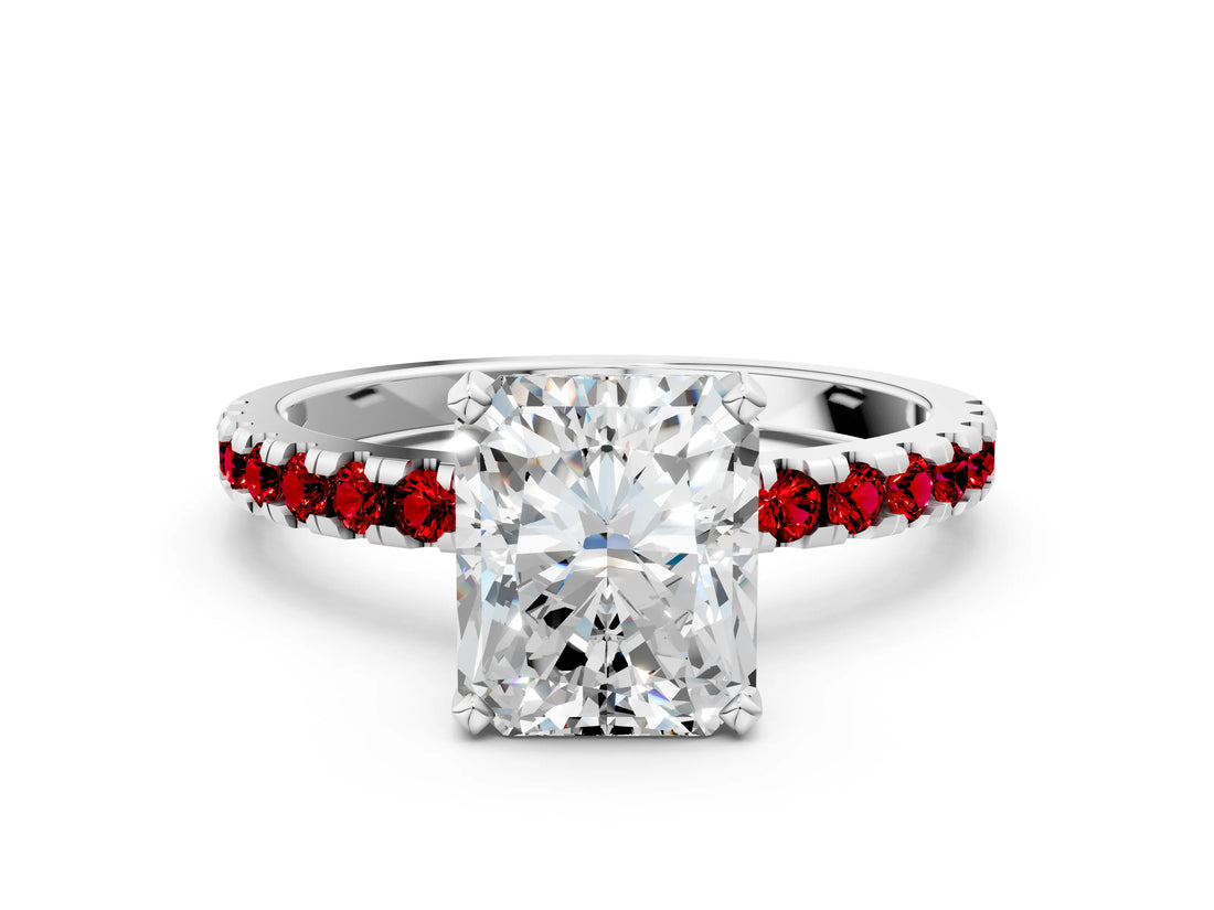 Silver Radiant Cut Diamond Solitaire Ring with Round with Ruby side stone Pavé Band and Four-Prong Setting_12