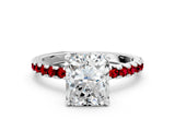 Silver Radiant Cut Diamond Solitaire Ring with Round with Ruby side stone Pavé Band and Four-Prong Setting_12