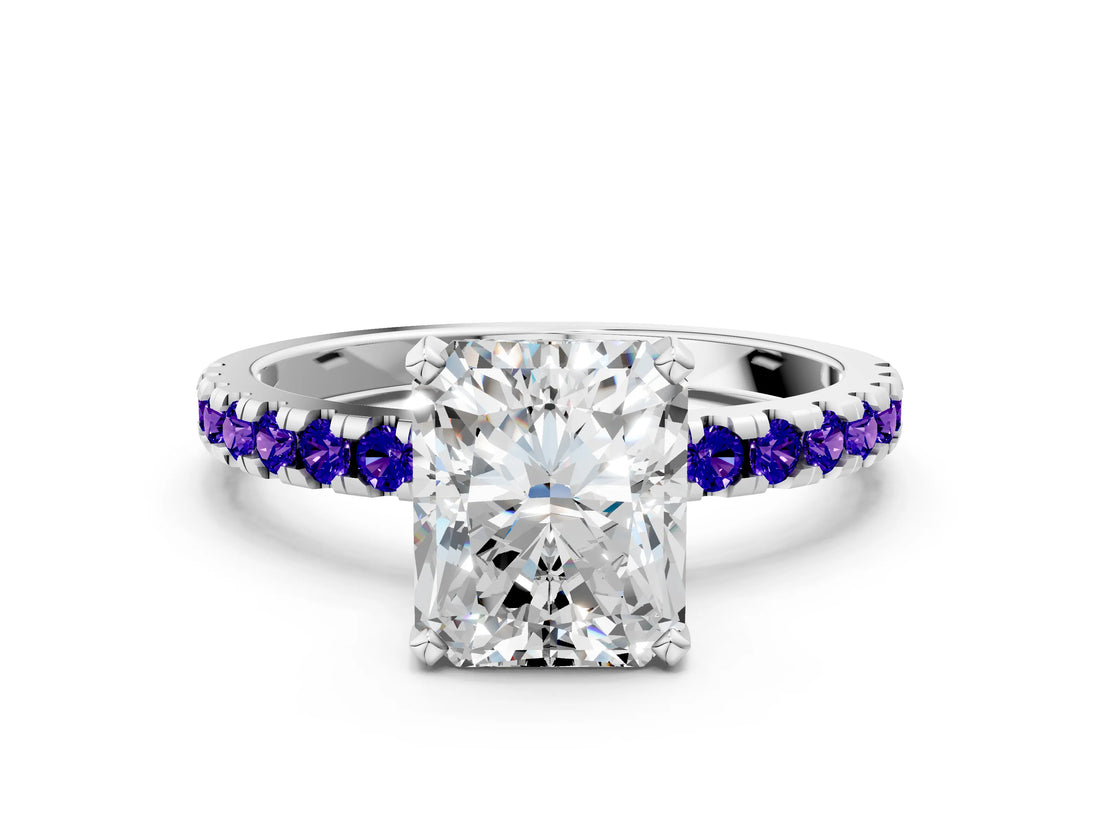 Silver Radiant Cut Diamond Solitaire Ring with Round with Tanzanite side stone Pavé Band and Four-Prong Setting_12