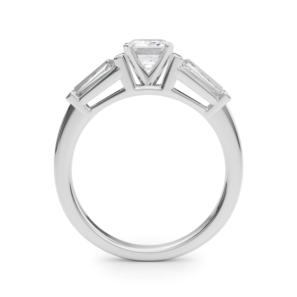 Silver Radiant Cut Diamond Solitaire Ring with Tapered Baguette Accents and Four-Prong Setting 1