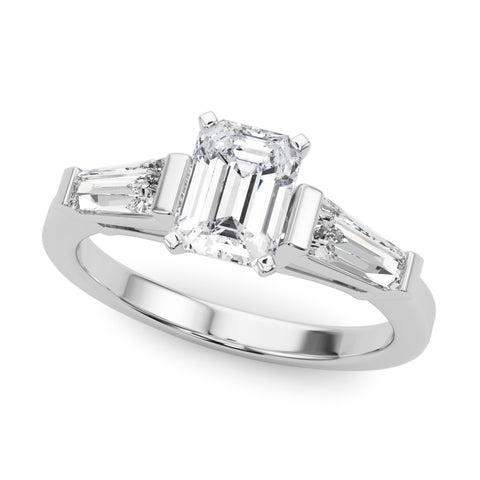 Silver Radiant Cut Diamond Solitaire Ring with Tapered Baguette Accents and Four-Prong Setting 2
