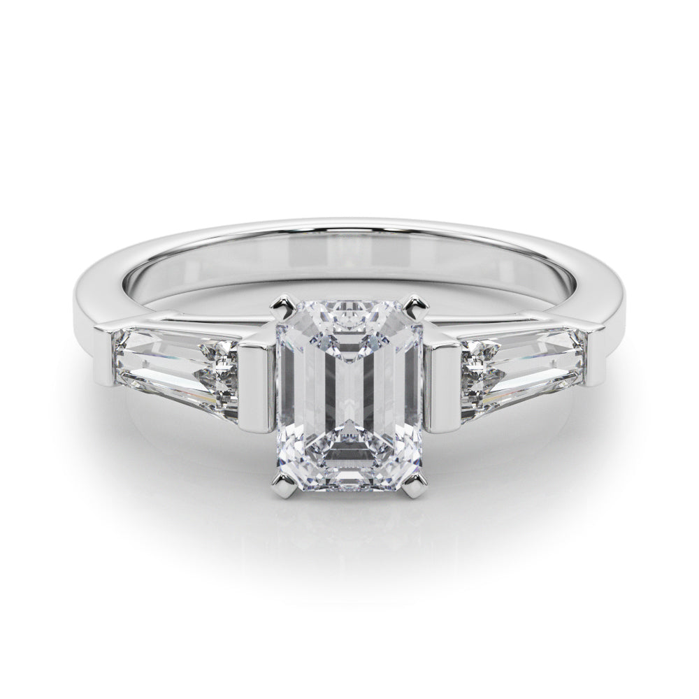 Silver Radiant Cut Diamond Solitaire Ring with Tapered Baguette Accents and Four-Prong Setting
