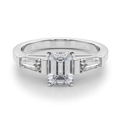 Silver Radiant Cut Diamond Solitaire Ring with Tapered Baguette Accents and Four-Prong Setting