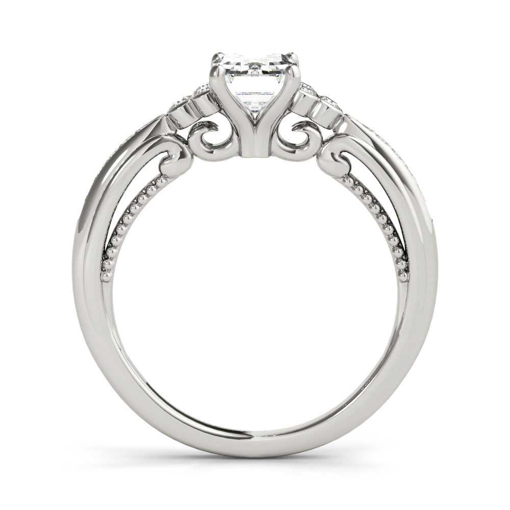 Silver Radiant Cut Diamond Solitaire with Pavé Band and Four-Prong Setting