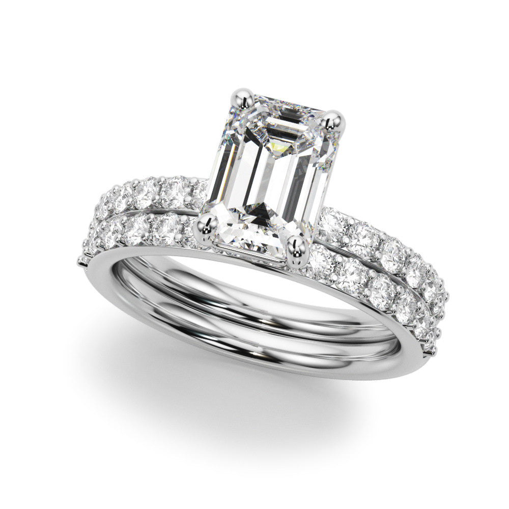 Silver Radiant Cut Diamond Solitaire with Pave Band and Four-Prong Setting