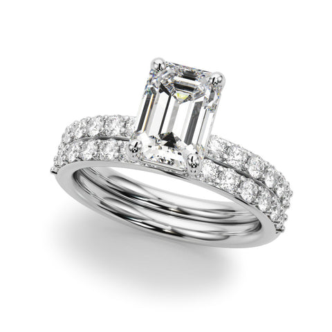 Silver Radiant Cut Diamond Solitaire with Pave Band and Four-Prong Setting