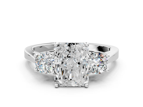 Silver Radiant Cut Diamond Three-Stone Engagement Ring with Prong Setting and Pavé Band