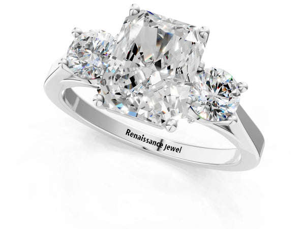 Silver Radiant Cut Diamond Three-Stone Engagement Ring with Prong Setting and Pavé Band
