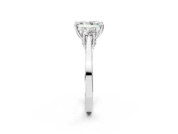 Silver Radiant Cut Diamond Three-Stone Engagement Ring with Prong Setting and Pavé Band