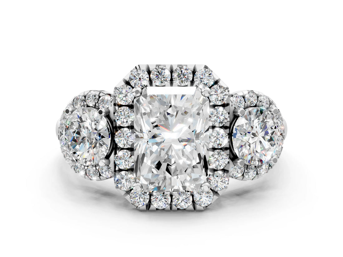 Silver Radiant Cut Diamond Three-Stone Halo Ring with Prong Setting and Pavé Accents_13