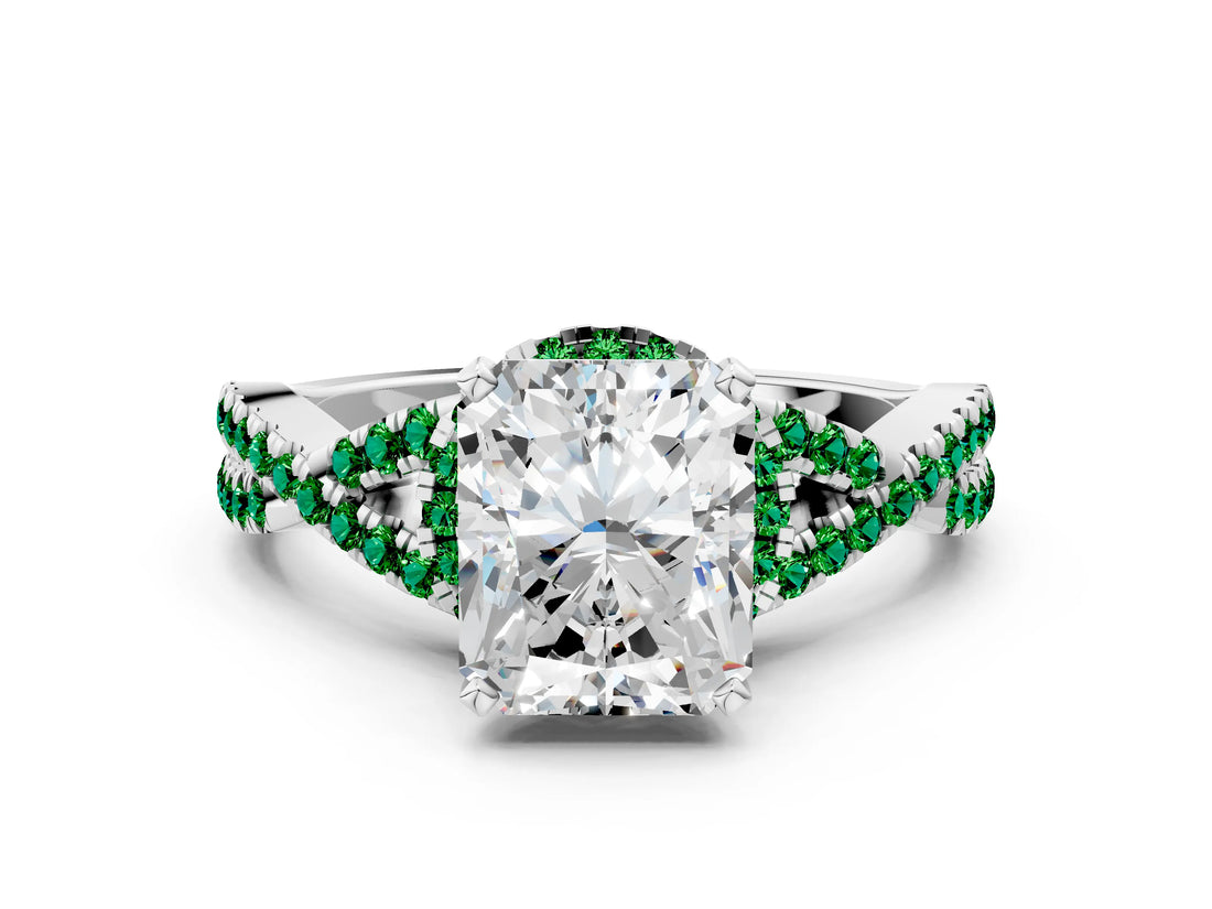 Silver Radiant Cut Diamond with Emerald side stone Halo Twist Band Solitaire Prong Setting Ring