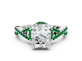 Silver Radiant Cut Diamond with Emerald side stone Halo Twist Band Solitaire Prong Setting Ring