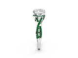 Silver Radiant Cut Diamond with Emerald side stone Halo Twist Band Solitaire Prong Setting Ring_2