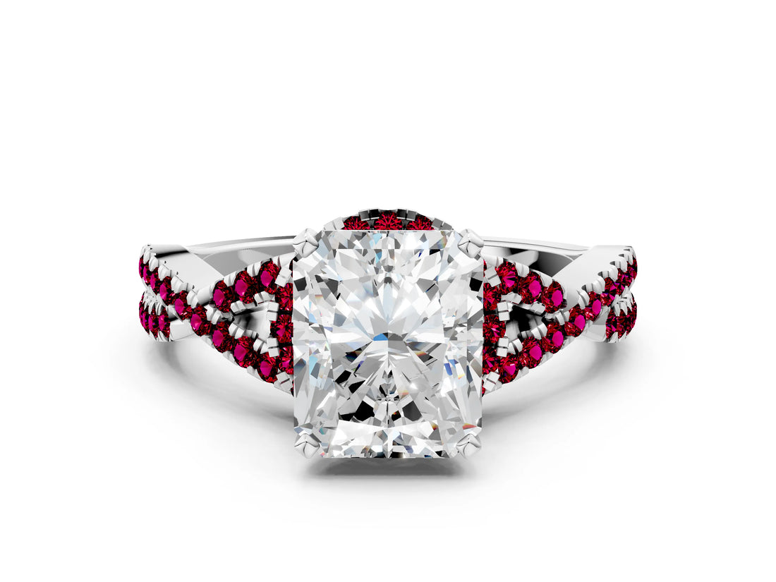Silver Radiant Cut Diamond with Garnet side stone Halo Twist Band Solitaire Prong Setting Ring