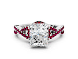 Silver Radiant Cut Diamond with Garnet side stone Halo Twist Band Solitaire Prong Setting Ring