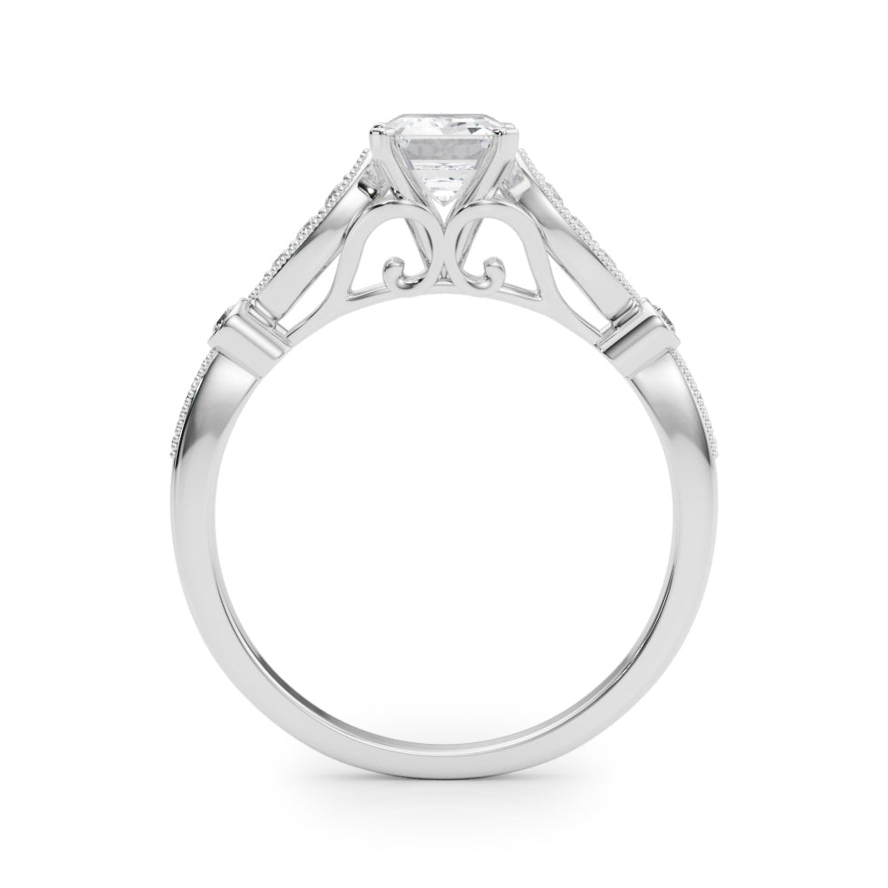 Silver Radiant Cut Diamond with Milgrain Marquise and Bezel Accents on a Solitaire Band with Prong Setting 1