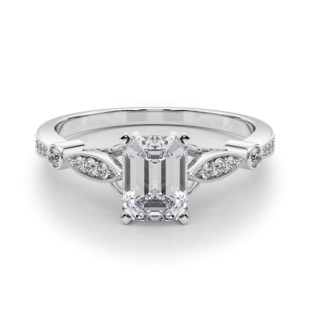 Silver Radiant Cut Diamond with Milgrain Marquise and Bezel Accents on a Solitaire Band with Prong Setting