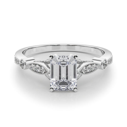 Silver Radiant Cut Diamond with Milgrain Marquise and Bezel Accents on a Solitaire Band with Prong Setting