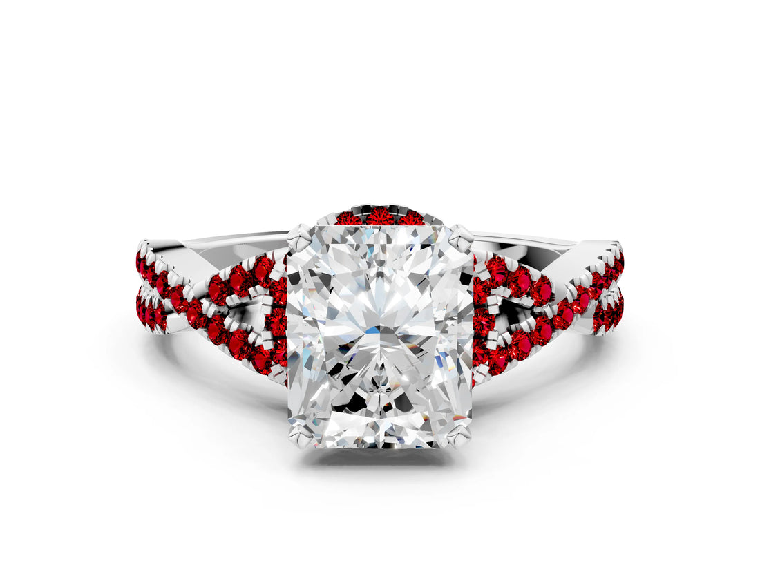 Silver Radiant Cut Diamond with Ruby side stone Halo Twist Band Solitaire Prong Setting Ring