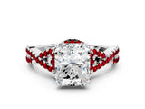 Silver Radiant Cut Diamond with Ruby side stone Halo Twist Band Solitaire Prong Setting Ring
