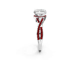 Silver Radiant Cut Diamond with Ruby side stone Halo Twist Band Solitaire Prong Setting Ring_2