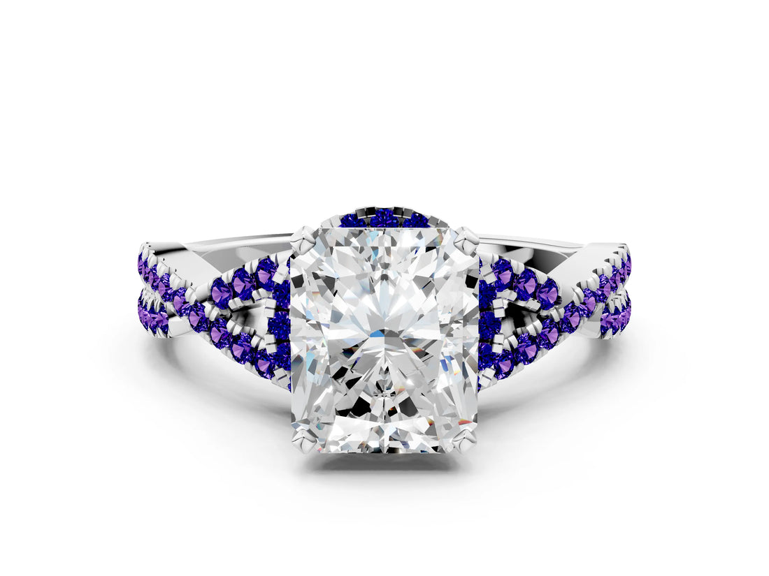 Silver Radiant Cut Diamond with Tanzanite side stone Halo Twist Band Solitaire Prong Setting Ring