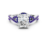 Silver Radiant Cut Diamond with Tanzanite side stone Halo Twist Band Solitaire Prong Setting Ring