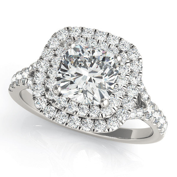 Silver 2.07 Carat F VS1 Heart Cut Double Halo Pave Band Prong Setting Ring