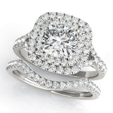 Silver 2.07 Carat F VS1 Heart Cut Double Halo Pave Band Prong Setting Ring