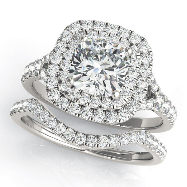 Silver 2.07 Carat F VS1 Heart Cut Double Halo Pave Band Prong Setting Ring