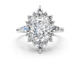 Silver Radiant Cut Halo Diamond Cluster Ring with Marquise and Round Stones on a White Gold Band with Prong Setting_25