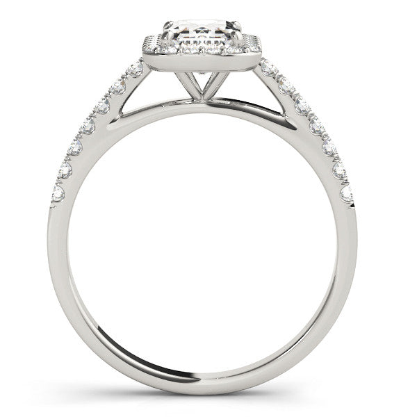 Silver Radiant Cut Halo Diamond Engagement Ring with Pave Band and Four-Prong Setting