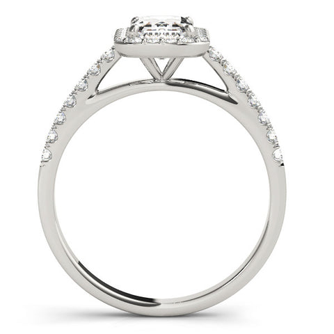 Silver Radiant Cut Halo Diamond Engagement Ring with Pave Band and Four-Prong Setting