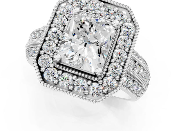 Silver Radiant Cut Halo Diamond Engagement Ring with Pave Split Shank and Four-Prong Setting