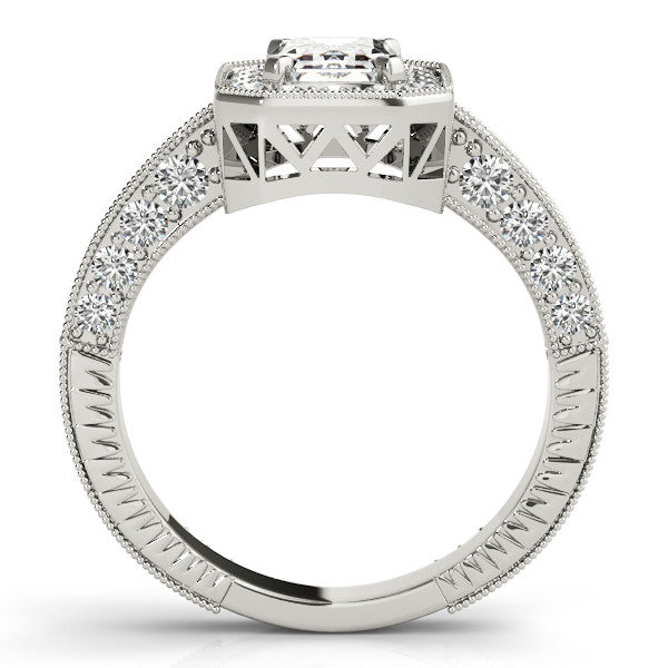 Silver Radiant Cut Halo Diamond Pave Band Ring with Four-Prong Setting