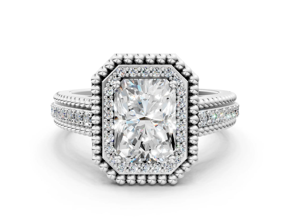 Silver Radiant Cut Halo Diamond Ring with Beaded Split Shank and Four-Prong Setting_13